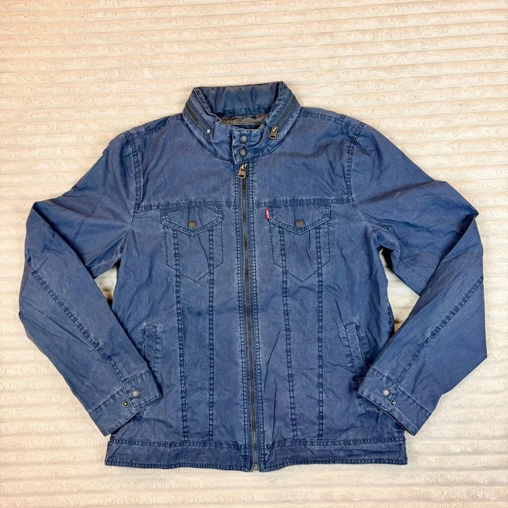 Levis Mens Field Jacket Blue Cotton Nylon Blend Full Zip Utility Coat Size M